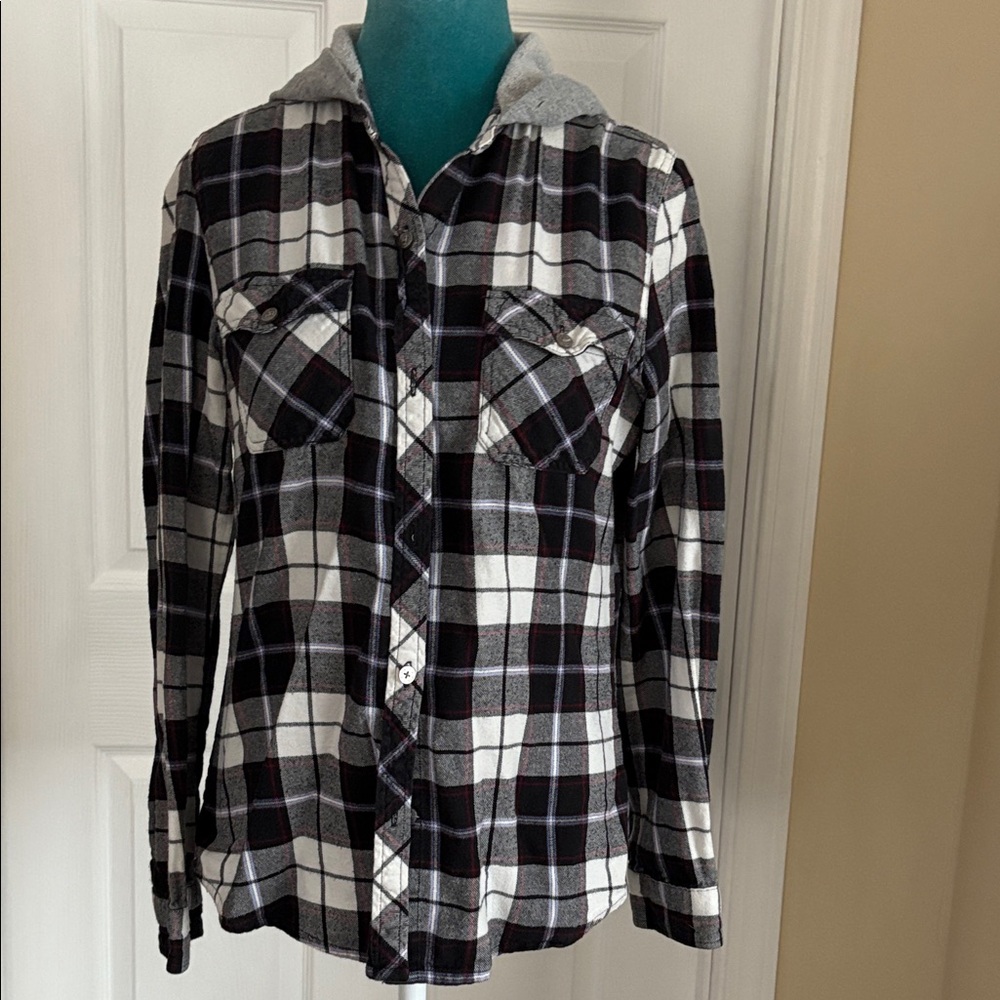Plaid Black and White Men's Shirt with Hood